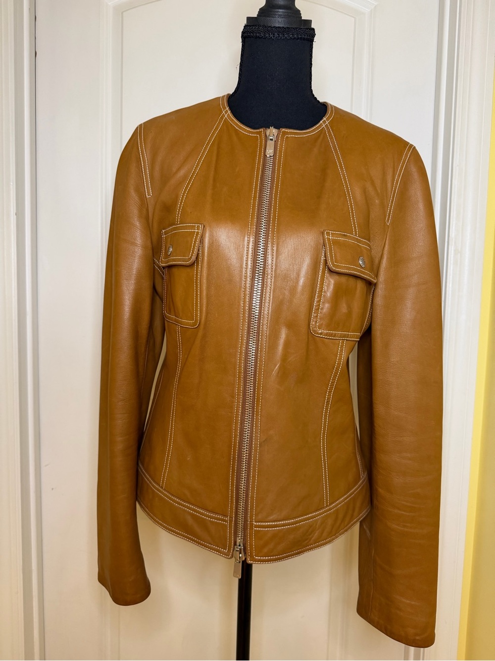 Michael Kors Women's Camel Brown Leather Zip Jacket w/ white stitching, size 10